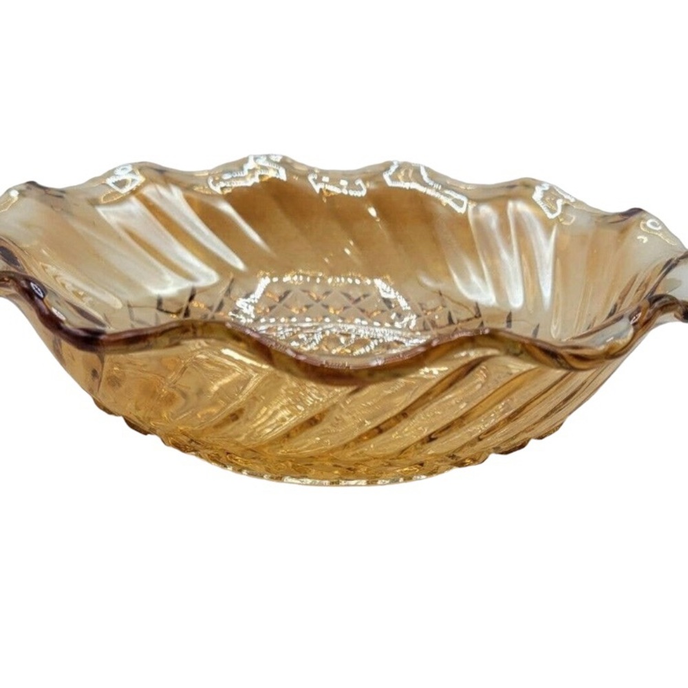 Vintage Anchor Hocking Diamond Ribbed Swirl Scalloped Rim Carnival Glass Bowl